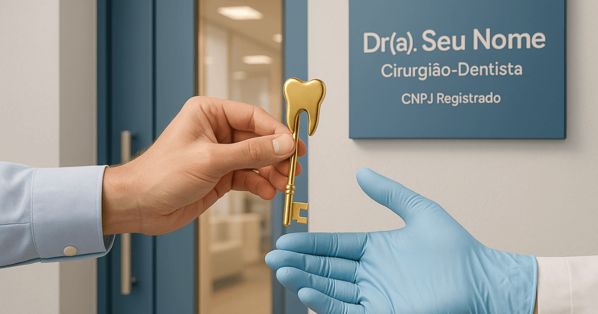 Chave em formato de dente sendo entregue a um dentista, simbolizando a solução para abrir um CNPJ.