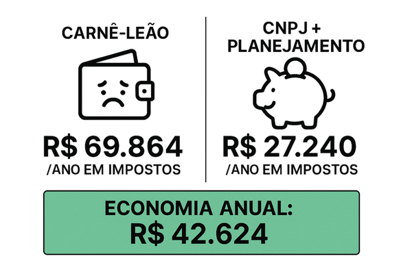 Comparação numérica da economia de impostos anual ao usar um CNPJ, resultado do planejamento tributário para dentistas.