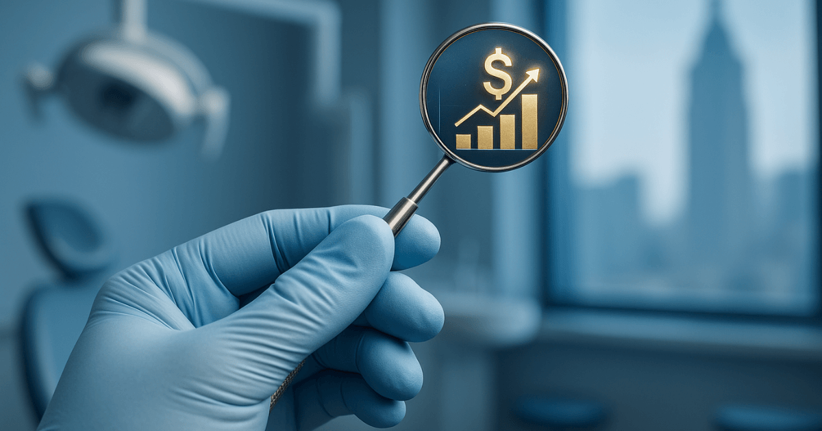 Close-up de ferramenta de dentista refletindo um gráfico de sucesso, simbolizando a contabilidade para dentistas em São Paulo.