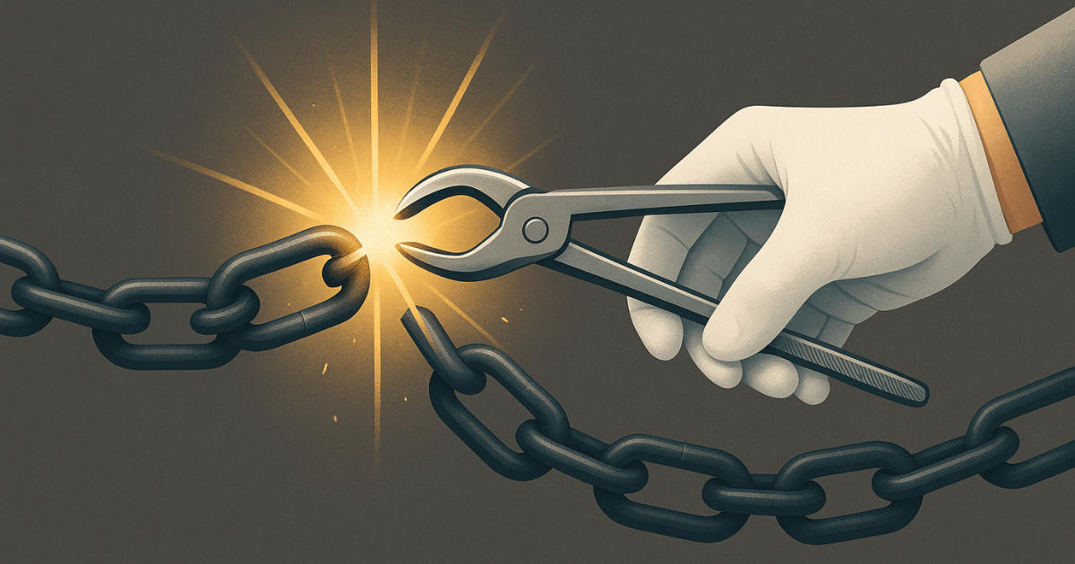 Mão de dentista quebrando correntes, simbolizando a liberdade que o planejamento tributário para dentistas proporciona.