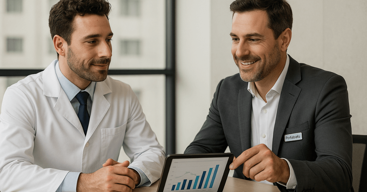 Dentista em reunião com um consultor da Portobello, a contabilidade certa para dentistas em São Paulo.