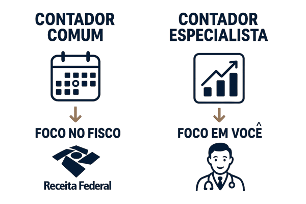 Gráfico comparando um contador comum focado no fisco versus um contador especialista focado no médico.