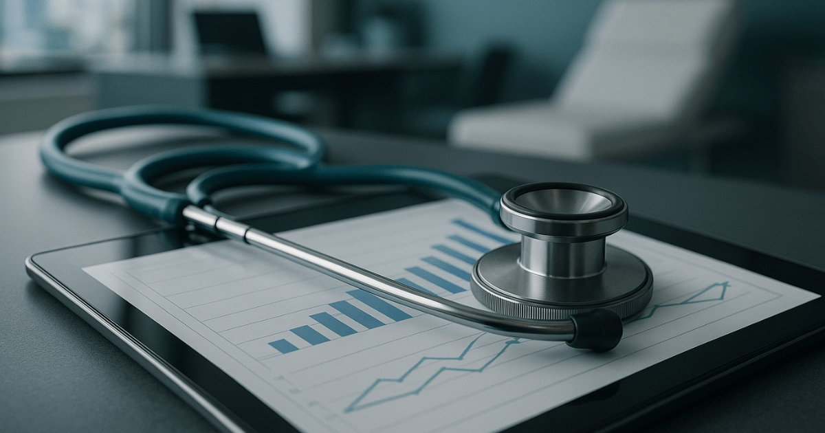 Estetoscópio sobre relatório financeiro, simbolizando a contabilidade para médicos em São Paulo.