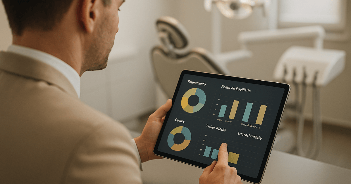 Dentista analisando um dashboard de gestão financeira para consultórios odontológicos em um tablet.