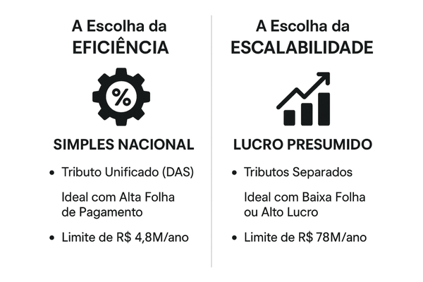 Infográfico comparando as características do Simples Nacional versus Lucro Presumido para uma sociedade médica.
