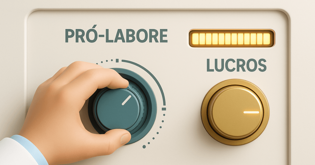 Dentista ajustando um painel de controle de pró-labore e distribuição de lucros para otimização financeira.