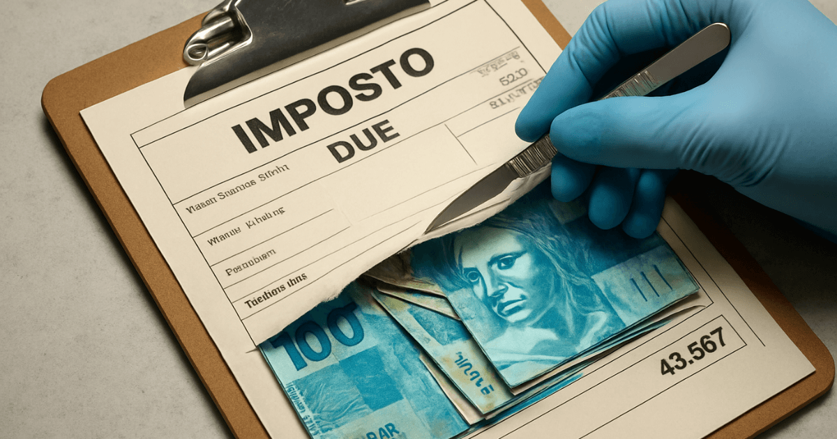 Bisturi revelando dinheiro sob um documento fiscal, simbolizando a redução de impostos para médicos.