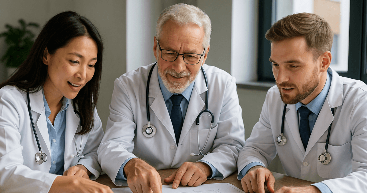 Sócios-médicos planejando a estrutura de sua sociedade médica.