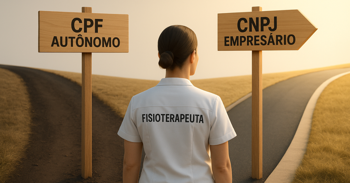 Encruzilhada mostrando a decisão do fisioterapeuta autônomo entre o caminho do CPF e do CNPJ.