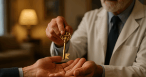 Mãos passando uma chave de cofre, simbolizando o planejamento sucessório com uma holding familiar para médicos e dentistas.