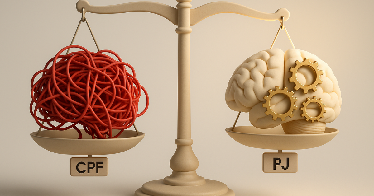 Balança comparando a carga mental e fiscal do psicólogo autônomo versus PJ.