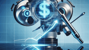 Equipamento médico de alta tecnologia com gráfico financeiro sobreposto, simbolizando la compra e depreciação inteligentes.