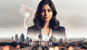 Profissional da saúde especialista em contabilidade no ABC, com a cidade de Santo André ao fundo.