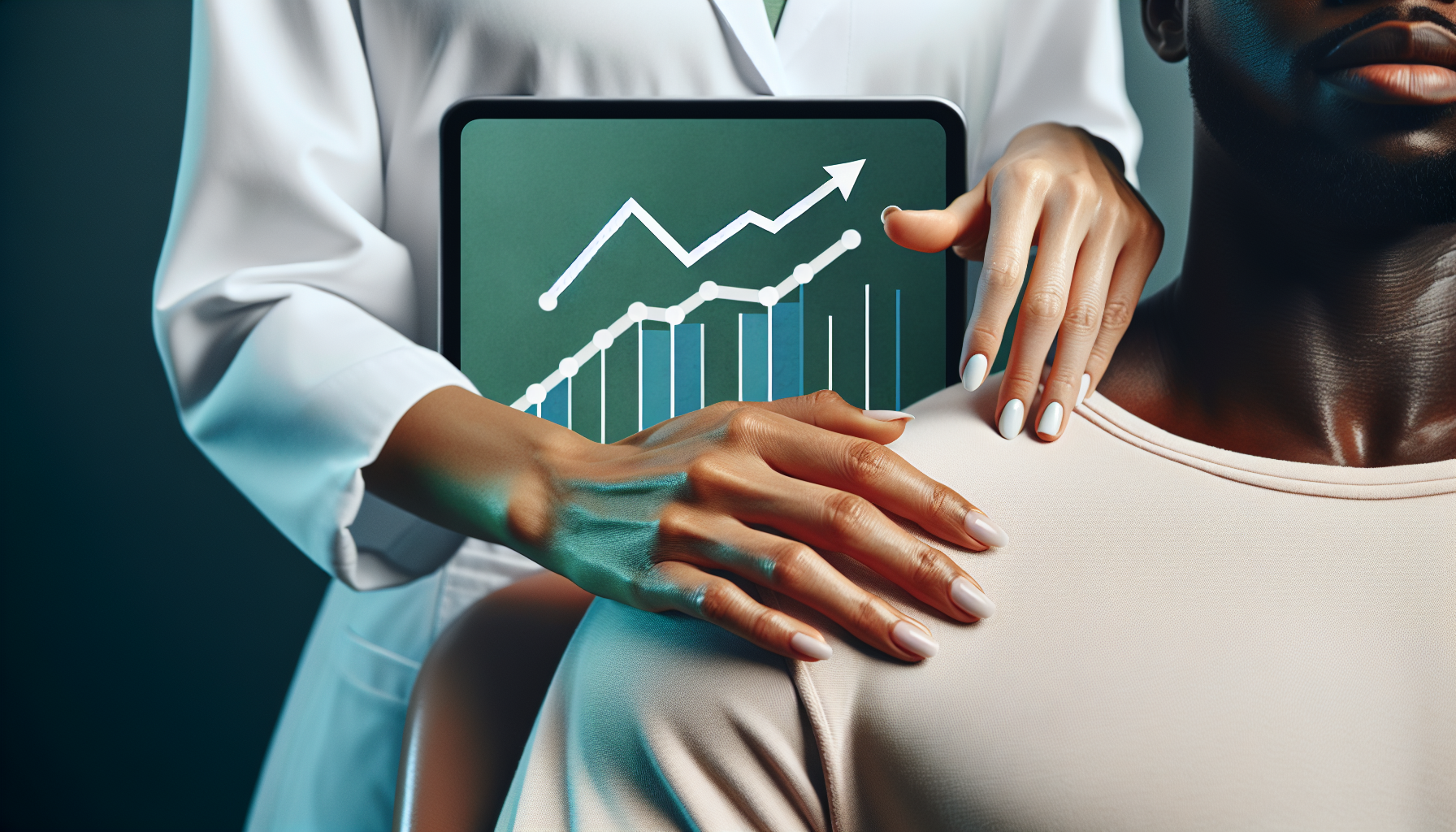 Mãos de fisioterapeuta cuidando de um paciente e de um gráfico financeiro, simbolizando a contabilidade para fisioterapeutas.