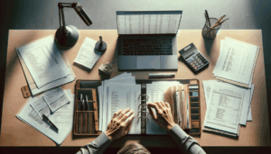 Psicólogo organizando seus documentos para a declaração do Imposto de Renda e do Livro-Caixa.