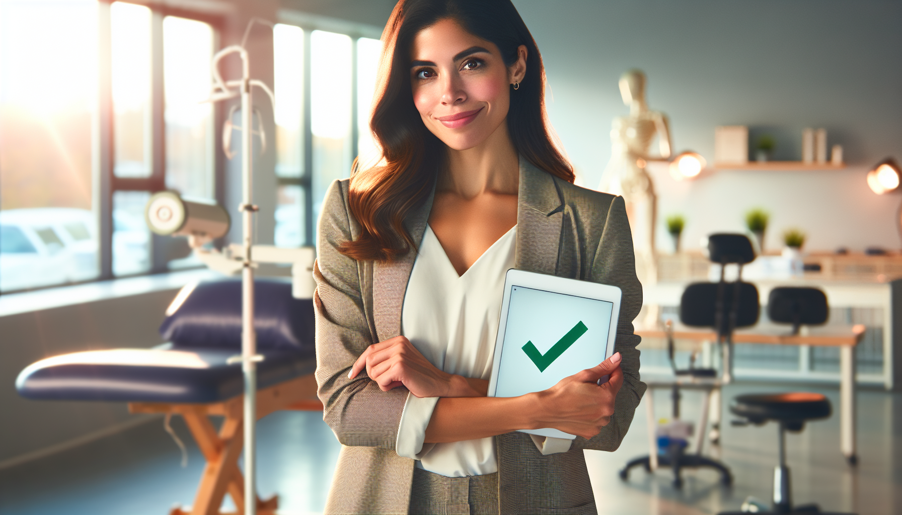 Fisioterapeuta em seu consultório em SP, satisfeita após seguir o guia de como abrir seu CNPJ e saber quanto custa.