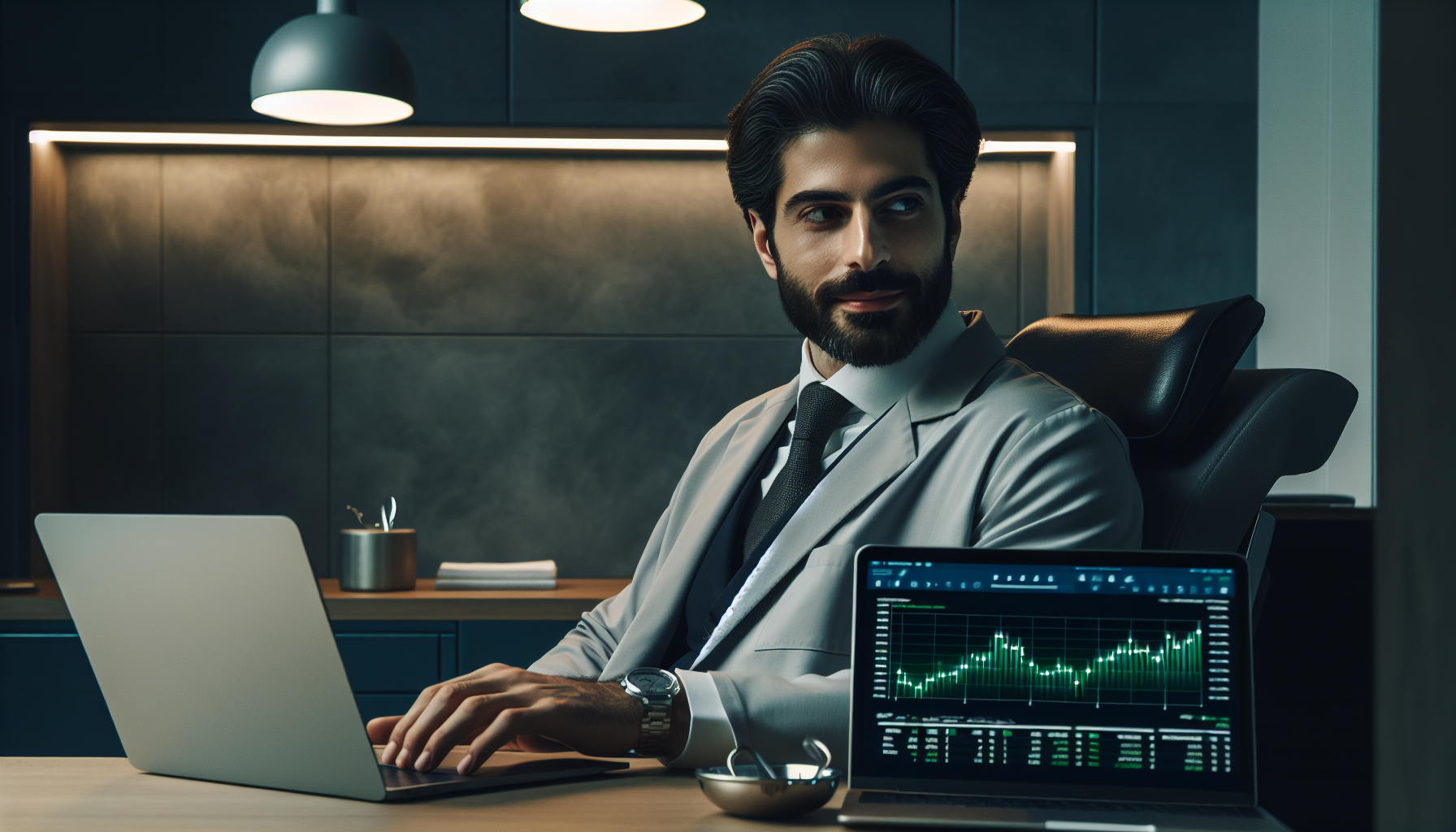 Dono de clínica odontológica satisfeito ao revisar suas finanças com uma contabilidade especializada em odontologia.