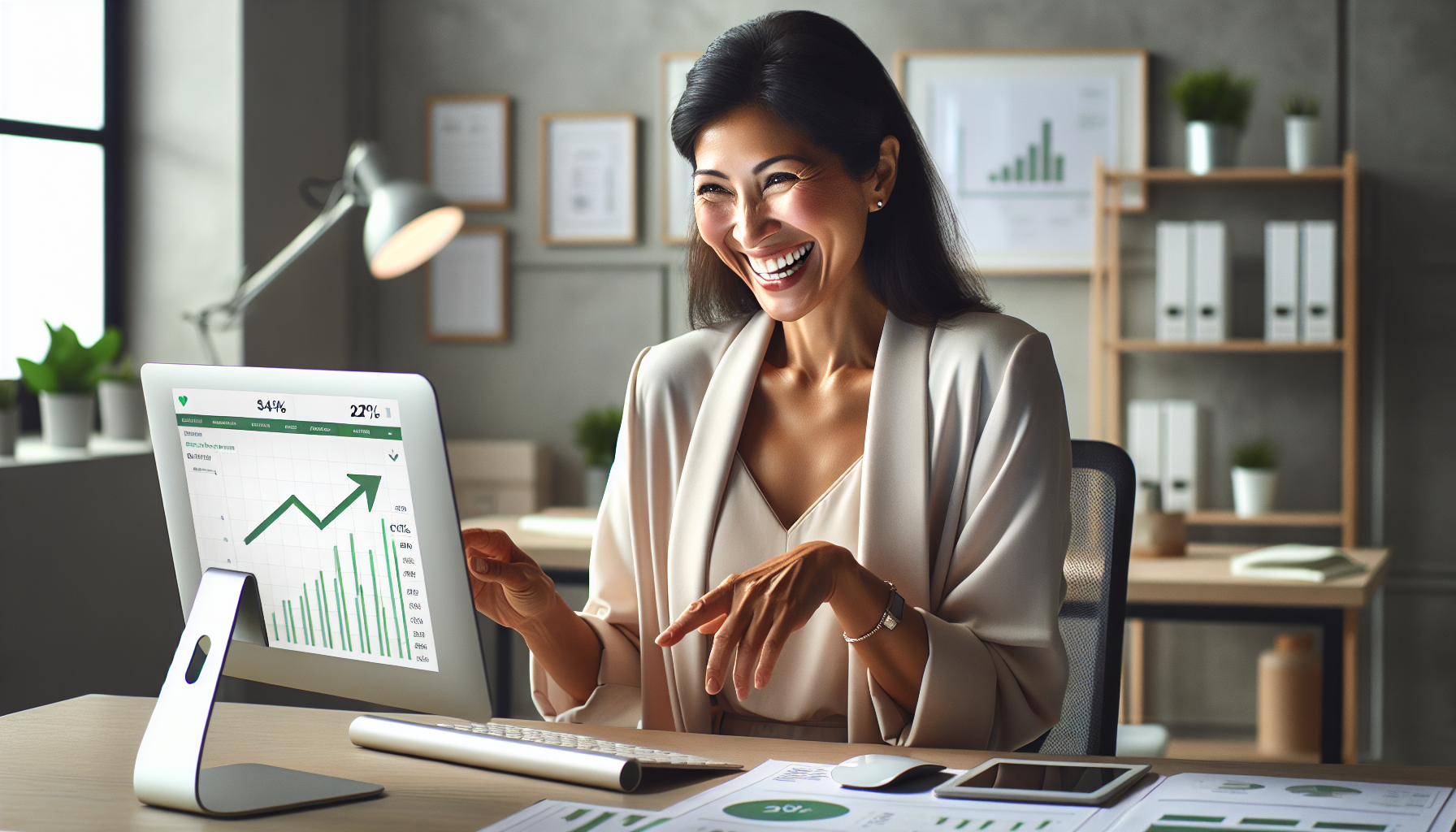 Dona de clínica de estética analisando indicadores de gestão financeira em seu tablet, vendo o aumento do lucro.