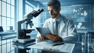 Biomédico analisando o planejamento tributário de sua clínica de estética ou laboratório em um tablet.