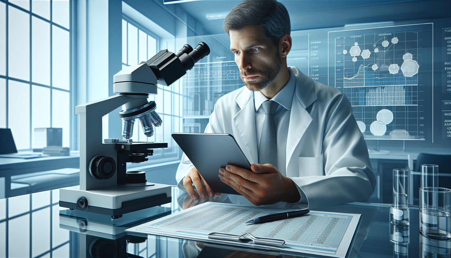 Biomédico analisando o planejamento tributário de sua clínica de estética ou laboratório em um tablet.