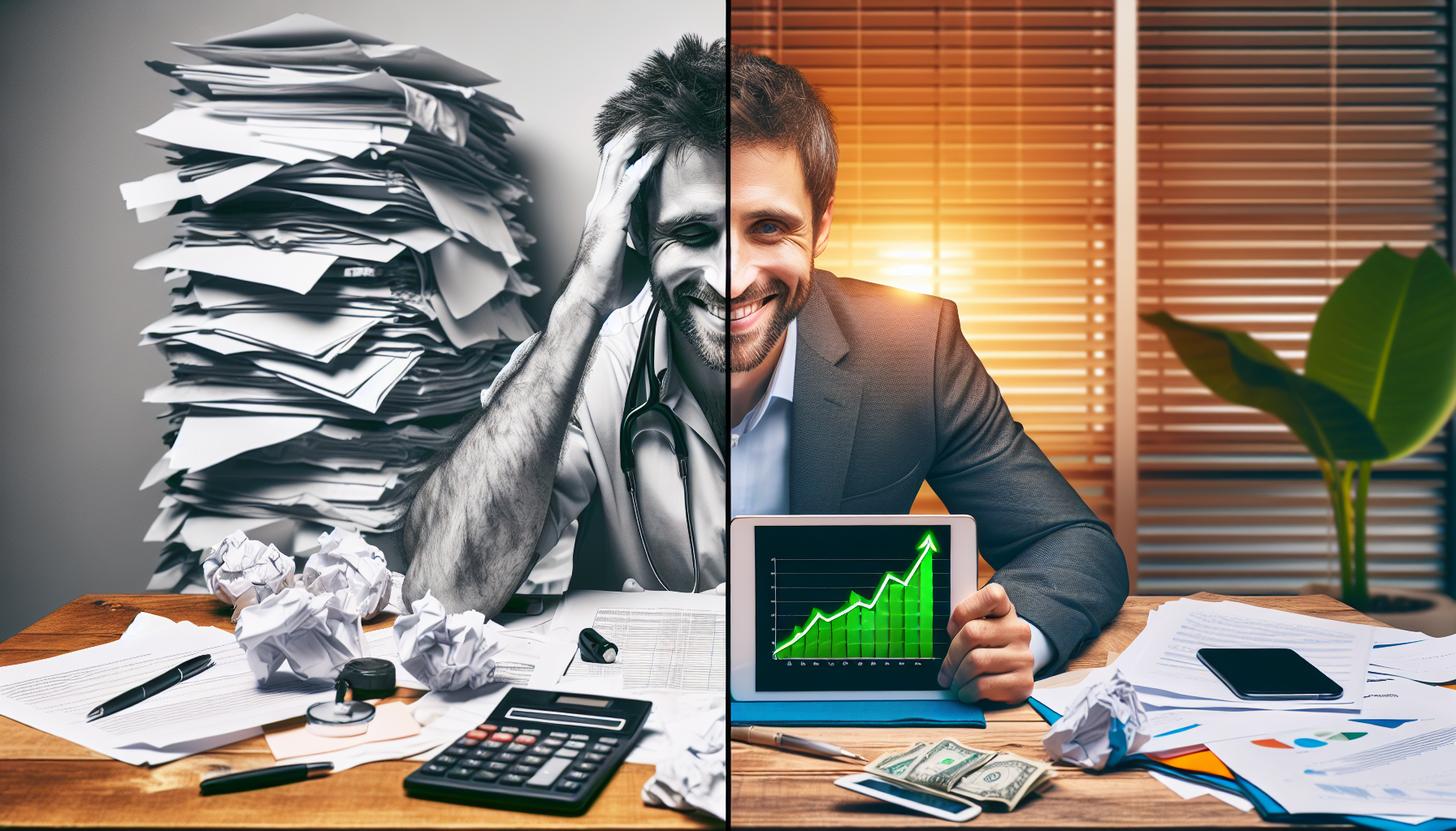 Médico tranquilo analisando o lucro do consultório após contratar BPO Financeiro especializado em saúde.