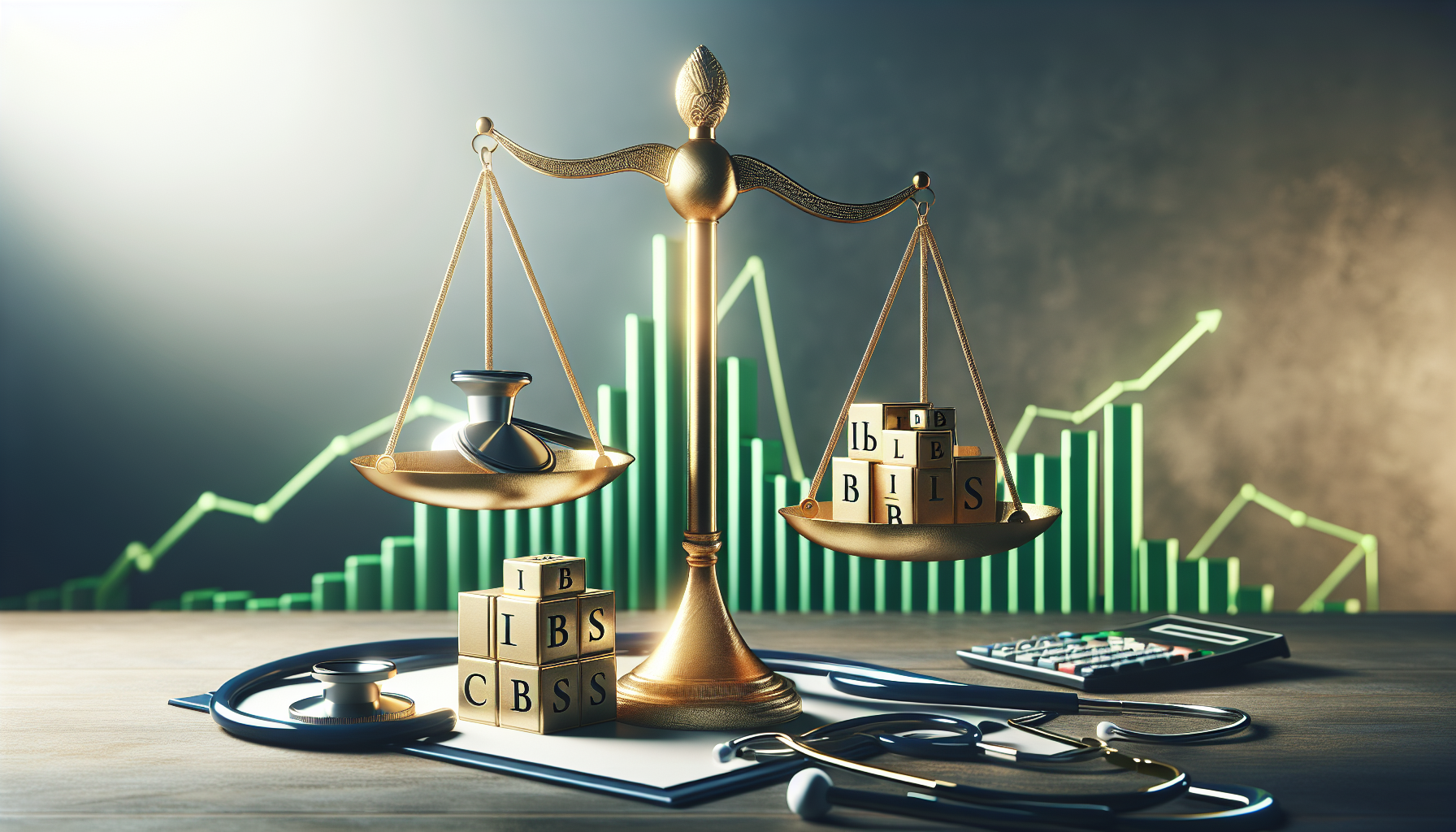 Balança equilibrando a saúde e os novos impostos IBS e CBS da reforma tributária.